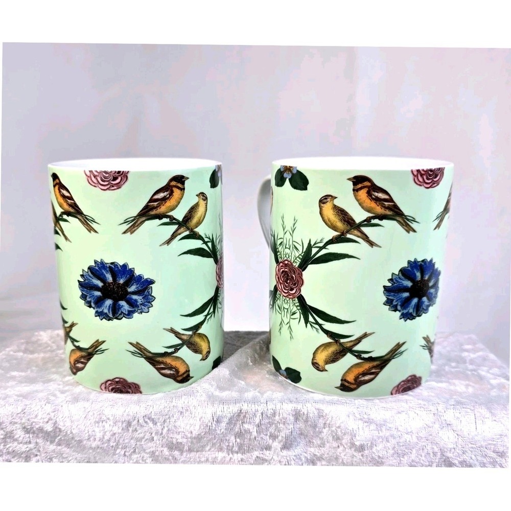 2014 VTG Pottery Barn 2 Coffee Mugs Bird Floral Kaleidoscope Green Nature Art